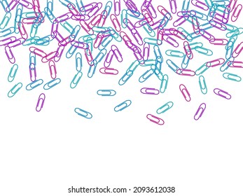 School bright paper clips isolated on white vector background. Magenta pink, blue cyan, violet paperclips memo note and documents staple attach tools illustration. Plastic paperclips backdrop.