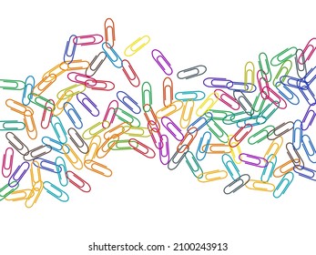 School bright paper clips isolated on white vector background. Rainbow colors paperclips memo note and documents staple attach tools illustration. Plastic paperclips backdrop.