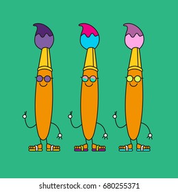 School bright stickers. Cute and funny school item characters with smiling human faces. Set of school item characters, mascots. Brushes for paints.