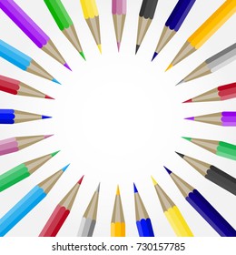 School brochure poster, back to school vector. Pencil crayon with copyspace blank. Illustration of colored pencils in round form frame