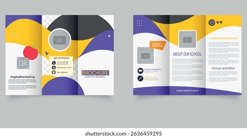 Modelo de Folheto Escolar. Voltar para Escola Design Trifold para Promoção Educacional. Perfeito para promover escolas, serviços educacionais e programas estudantis.