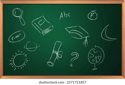 School brush icons on blackboard. Doodles education. Hand drawn vector pattern background back to school with icon symbols.