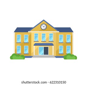 School building, with adjoining territory, front yard for school children, appearance. Modern vector illustration isolated on white background.