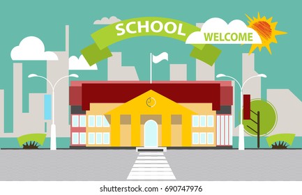 School building against the background of the city. Flat style. Banner, poster-invitation to school