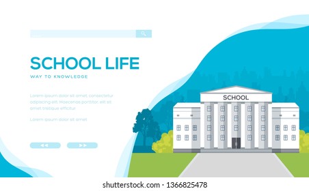 School building against urban background with trees and bushes. Back to school concept. College, university, library construction in flat style. Vector illustration. Copy space, place for text.