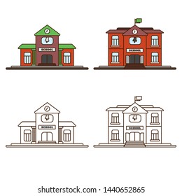 School building in American or European style. Cityscape with the facade of the building with windows and doors. In a flat cartoon style. Parenting.