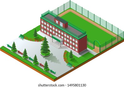 School building architecture and school stadium 3d isometric. Vector illustration isolated