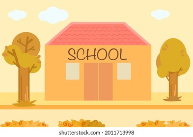 School building in autumn landscape. Cartoon vector illustration