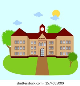 School Building Background With Green Grass and Tree Landscape Playing Field Vector Illustration