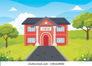 School Building with beautiful nature landscape background, fresh and lovely scenery park with flat design