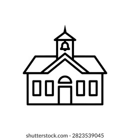 School building with bell tower cupola, black and white line art vector illustration