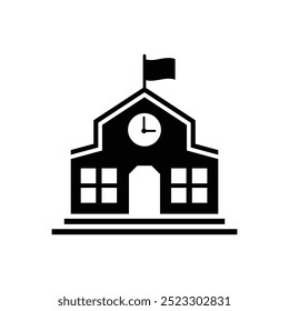 Edificio escolar de diseño de icono de Vector plano blanco y negro. Diseño y glifo del símbolo del edificio escolar