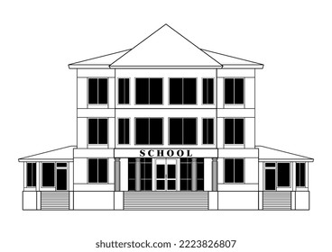 School, school building, black and white sketch. Vector illustration