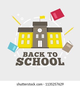 School building with book and pencil for back to school banner.