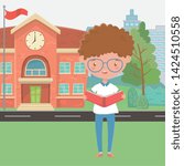 School building and boy cartoon design