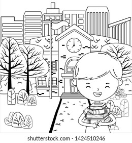 School building and boy cartoon design