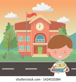 School building and boy cartoon design