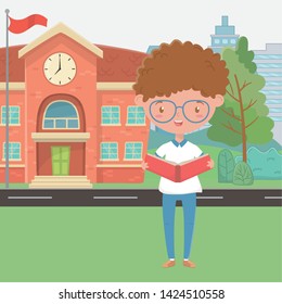 School building and boy cartoon design