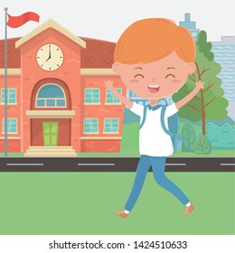 School building and boy cartoon design