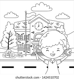 School building and boy cartoon design