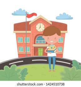 School building and boy cartoon design