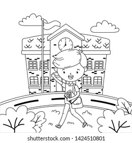 School building and boy cartoon design