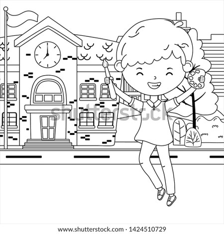School building and boy cartoon design