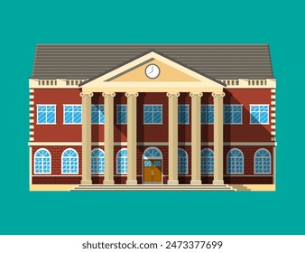 School building. Brick facade with clocks. Public educational institution. College or university organization. Vector illustration in flat style