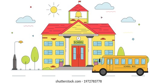 School building and school bus. Back to school concept. Cute vector illustration isolated on white background. School vector illustration in linear style