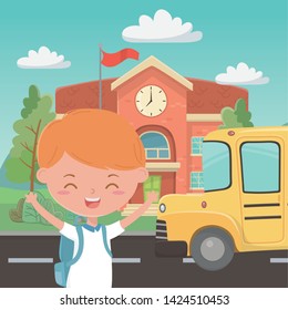 School building bus and boy design