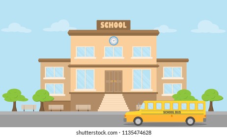 School building, school bus flat style, back to school concept, vector illustration