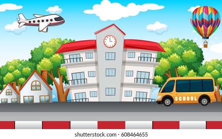 School building with school bus in front illustration