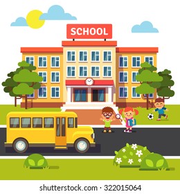 School building, bus and front yard with students children. Flat style vector illustration isolated on white background.
