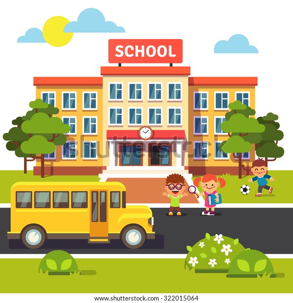 School Building Bus And Front Yard With Students Children Flat Style