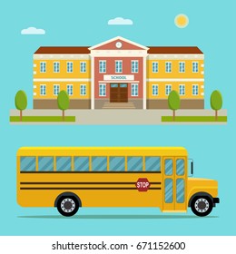 School building and  bus isolated. Flat style vector illustration 