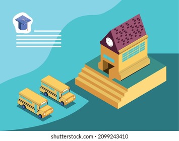 construcción escolar y estilo isométrico del autobús