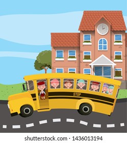 school building and bus with kids in the road scene