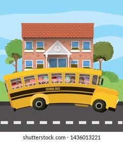 school building and bus with kids in the road scene