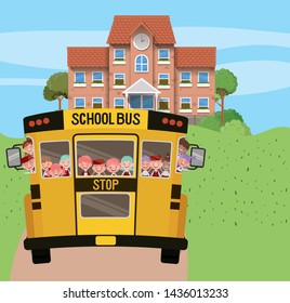 school building and bus with kids in the road scene