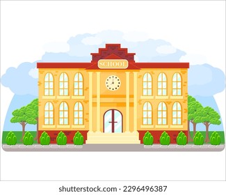 School building with school bus and manicured plants around the school, clipart, sticker, school illustration, poster, vector