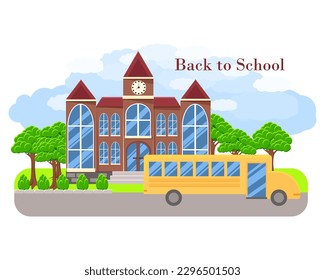 Construcción escolar con autobuses escolares y plantas manipuladas alrededor de la escuela, clipart, sticker, ilustración escolar, afiche, vector