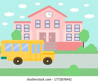 School building and school bus, nature, trees, vector graphics