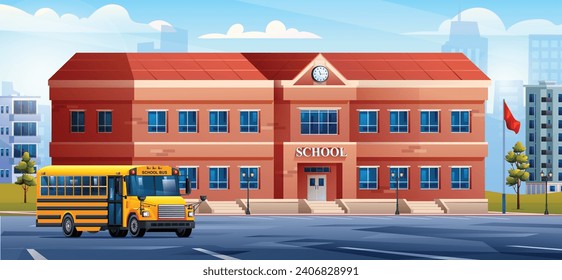 School building with school bus on cityscape background. Vector cartoon illustration