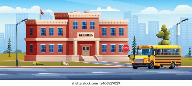School building with school bus on cityscape background vector cartoon illustration