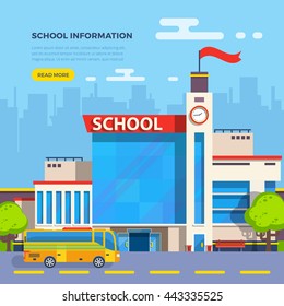 School building and school bus on cityscape background flat vector illustration