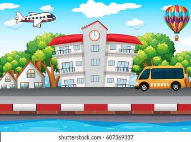 School building and bus on the road illustration