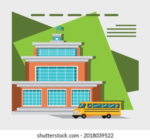 school building bus outside card