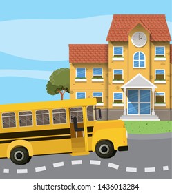 school building and bus in the road scene