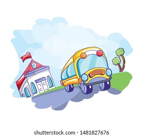 school building with bus transportation