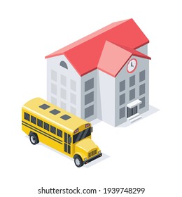 Construcción escolar y autobús escolar. Vector 3d línea isométrica, iconos de color web, nuevo estilo plano. Idea de diseño creativo.